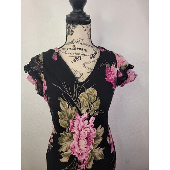 Lola P Dress Midi Dress M Peasant Black Floral Asymmetric 90s Whimsygoth Fairy - Picture 3 of 12